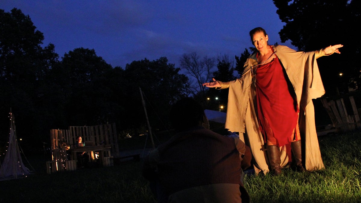 Barrymore Award-winning actress Catharine Slusar portrays Prospero. Several of the roles are gender-flipped in Shakespeare in Clark Park's version of 