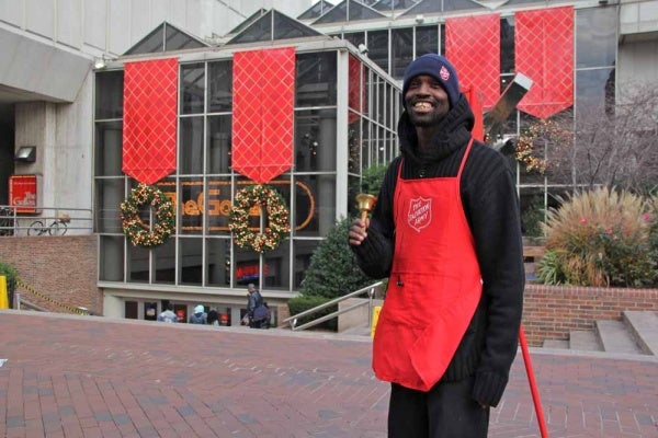 <p><p>A Salvation Army worker collects donations outside The Gallery on Market Street. The malls owners are mulling a makeover. (Emma Lee/for NewsWorks)</p></p>
