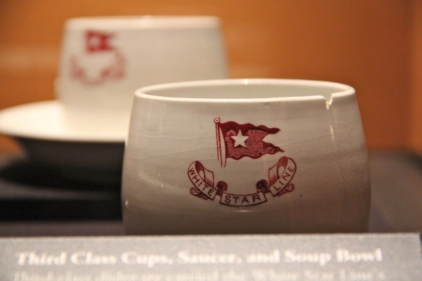 Third class dishes recovered from the wreck of the Titanic were marked with the logo of the White Star Line to discourage theft. (Emma Lee/for NewsWorks)
