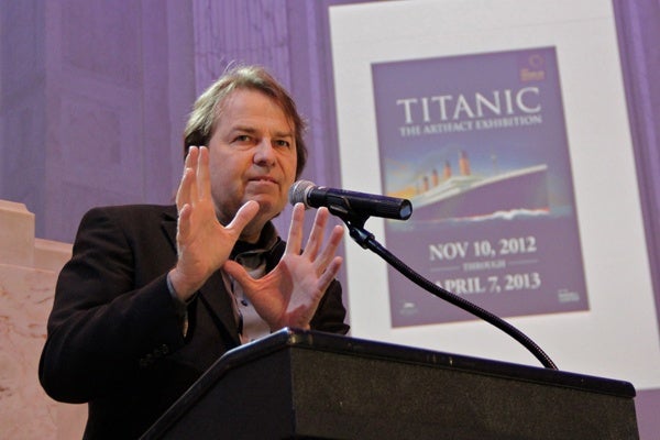 <Mark Lach, Creative Director of Titanic: The Artifact Exhibition opening this weekend at the Franklin Institute, describes his 2.5 mile dive to the wreck site. (Emma Lee/for NewsWorks)
