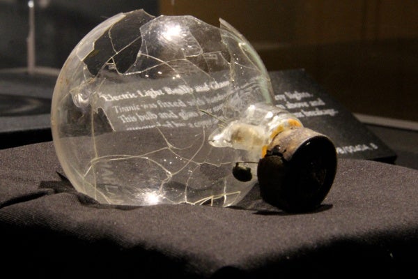 An electric light bulb recovered from the wreck of the Titanic is among 300 artifacts on display at the Franklin Institute's new exhibit. (Emma Lee/for NewsWorks)