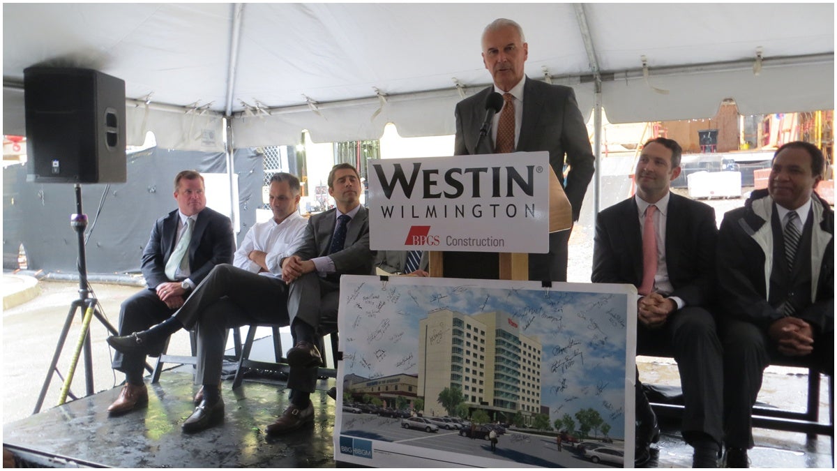  Michael Purzycki, RDC Executive Director speaks at Westin Wilmington construction site where officials celebrated development milestone.  