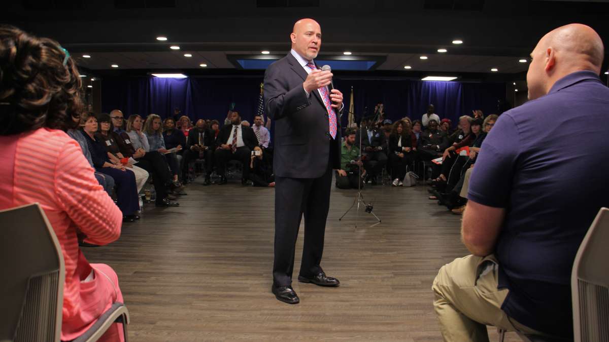 About 300 people filled the room at the John F. Kennedy Center in Willingboro where U.S. Rep Tom MacArthur held a town hall meeting. Hundreds more were turned away.