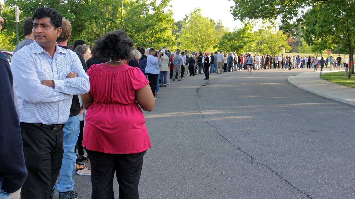 Hundreds of people line up to participate in U.S. Rep. Tom MacArthur's town hall meeting in Willingboro, unaware that the room at the John F. Kennedy Center was already full.