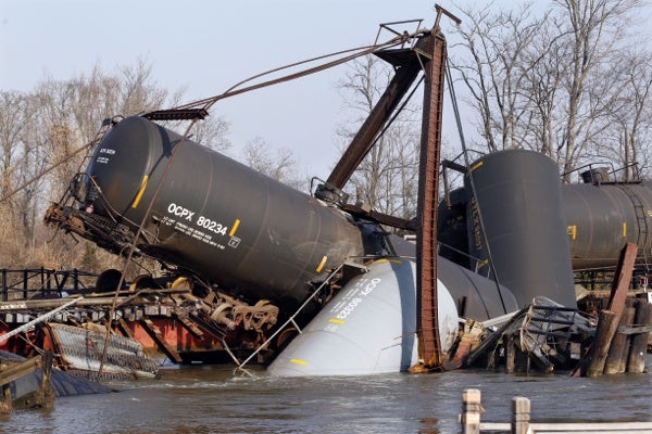 <p><p>Freight train tank cars that derailed Friday are seen in Mantua Creek in Paulsboro, N.J. Residents in an area of about 12 blocks near the derailment remain out of their homes. (AP Photo/Mel Evans)</p></p>

