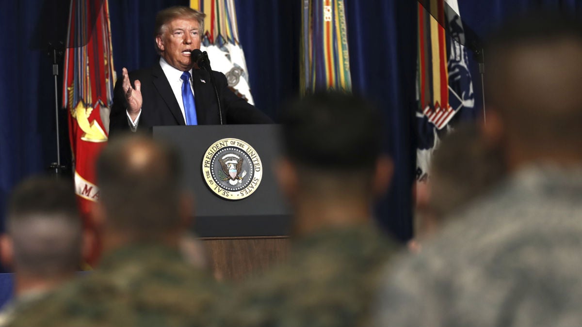  President Donald Trump speaks at Fort Myer in Arlington Va., Monday, Aug. 21, 2017, during a Presidential Address to the Nation about a strategy he believes will best position the U.S. to eventually declare victory in Afghanistan. (AP Photo/Carolyn Kaster) 