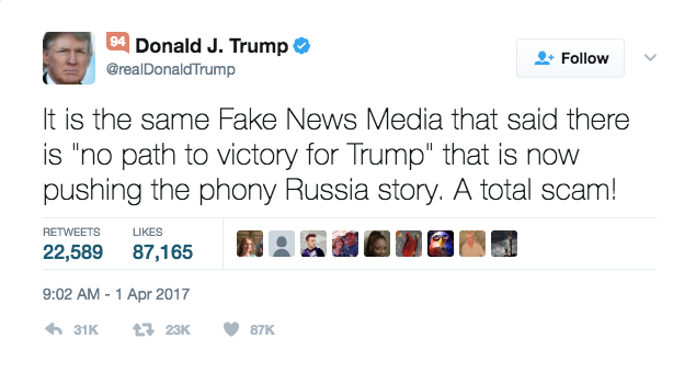  In this April 1, 2017, tweet, President Donald Trump shares his opinion about the news media and what he calls 'fake news.' 