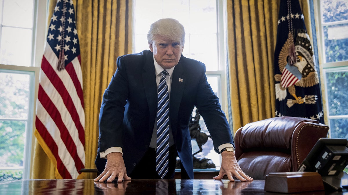  President Donald Trump poses for a portrait in the Oval Office in Washington, Wednesday, April 19, 2017. (AP Photo/Andrew Harnik) 