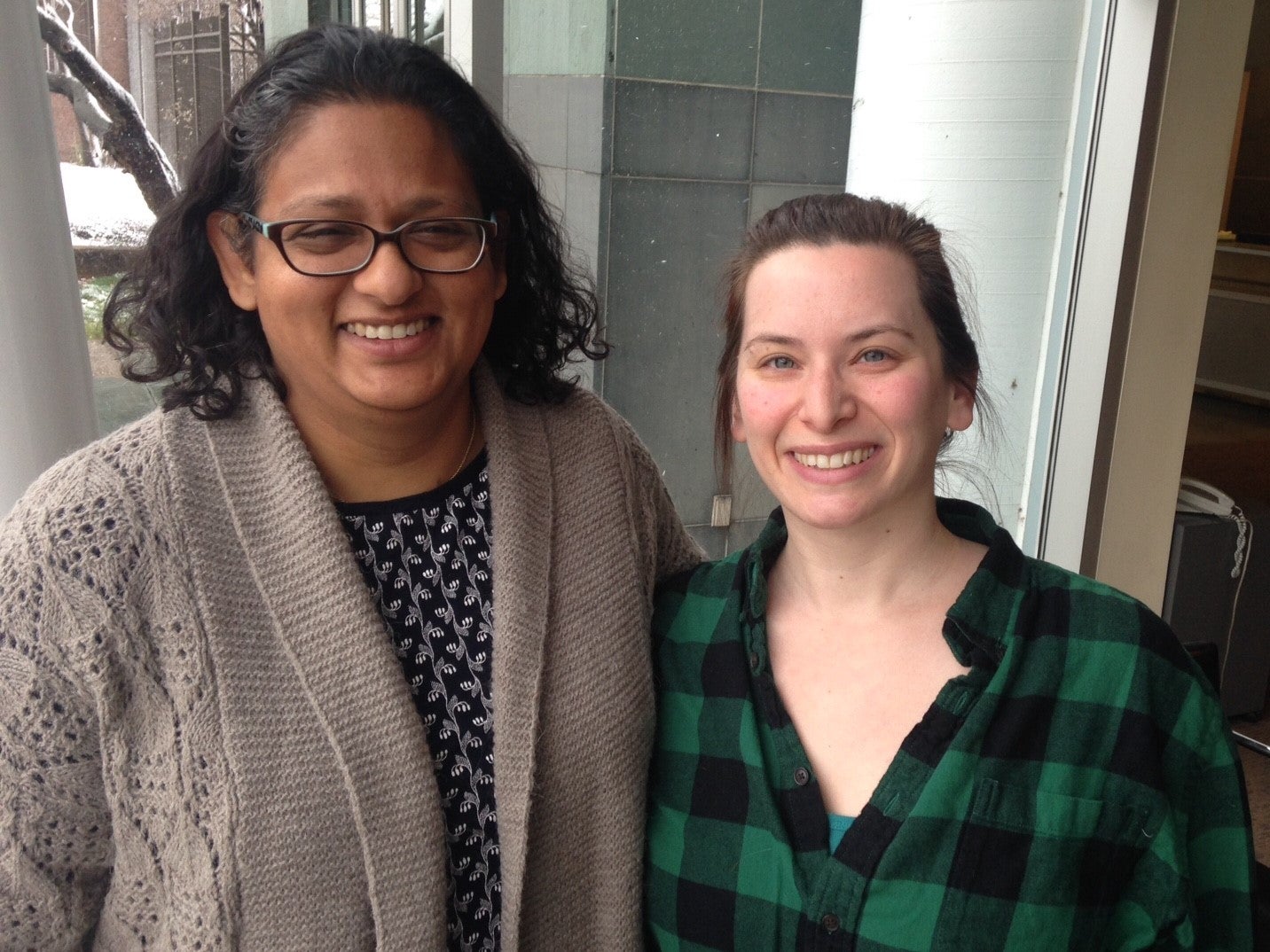  Nancy Chacko (left) and Jessica Lennick are organizers of the group 'Tuesdays with Toomey.' They have been trying to get the Republican senator to meet for a town hall in Philadelphia. (Jennifer Lynn/WHYY) 
