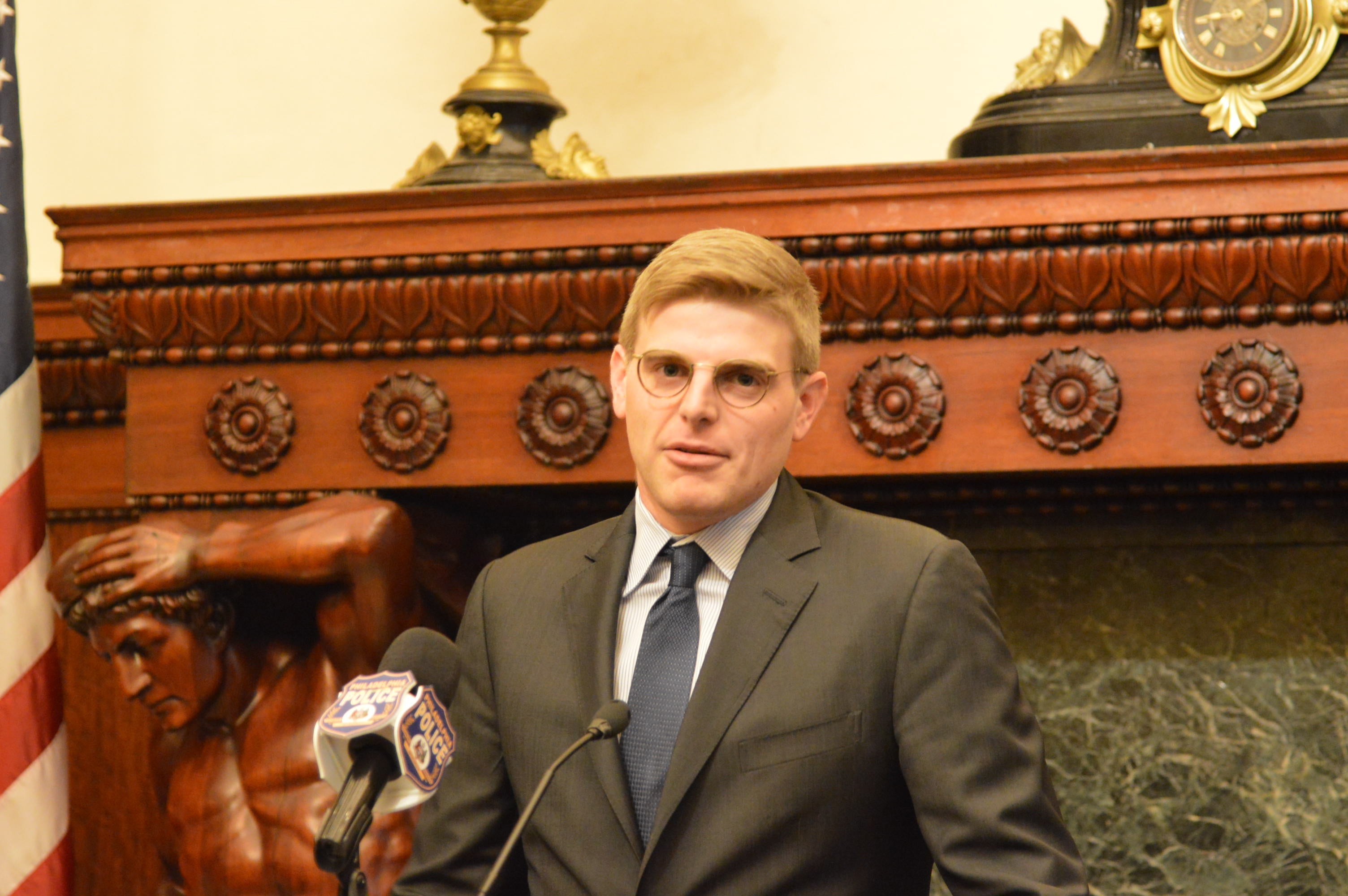  Max Tuttleman talks about the importance of state funding for more opioid overdose kits Friday at Philadelphia City Hall. The Tuttleman Family Foundation has donated $50,000 to help the city equip police officers with the lifesaving kits. (Tom MacDonald/WHYY) 
