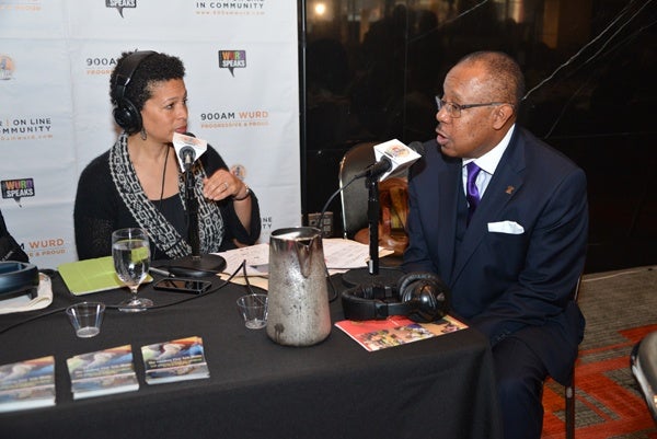 <p><p>Sara Lomax Reese, president of WURD Radio, interviews Harold Epps of PRWT Services, winner of the Business Leader Award at the luncheon (Photo courtesy of Paul Coker)</p></p>

