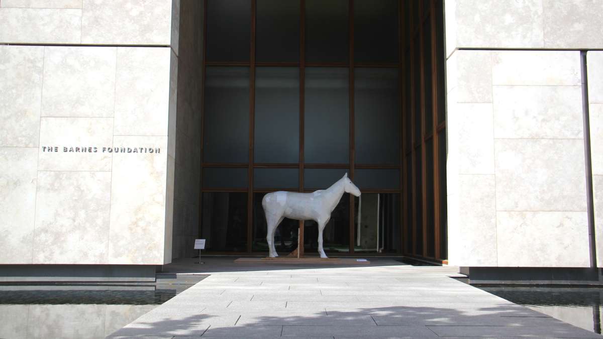 A sculpture by Jesse Engaard at the entrance to the Barnes Foundation signals the arrival of Mohamed Bourouissa's exhibition on the urban horsemen of Philadelphia's Fletcher Street stables.