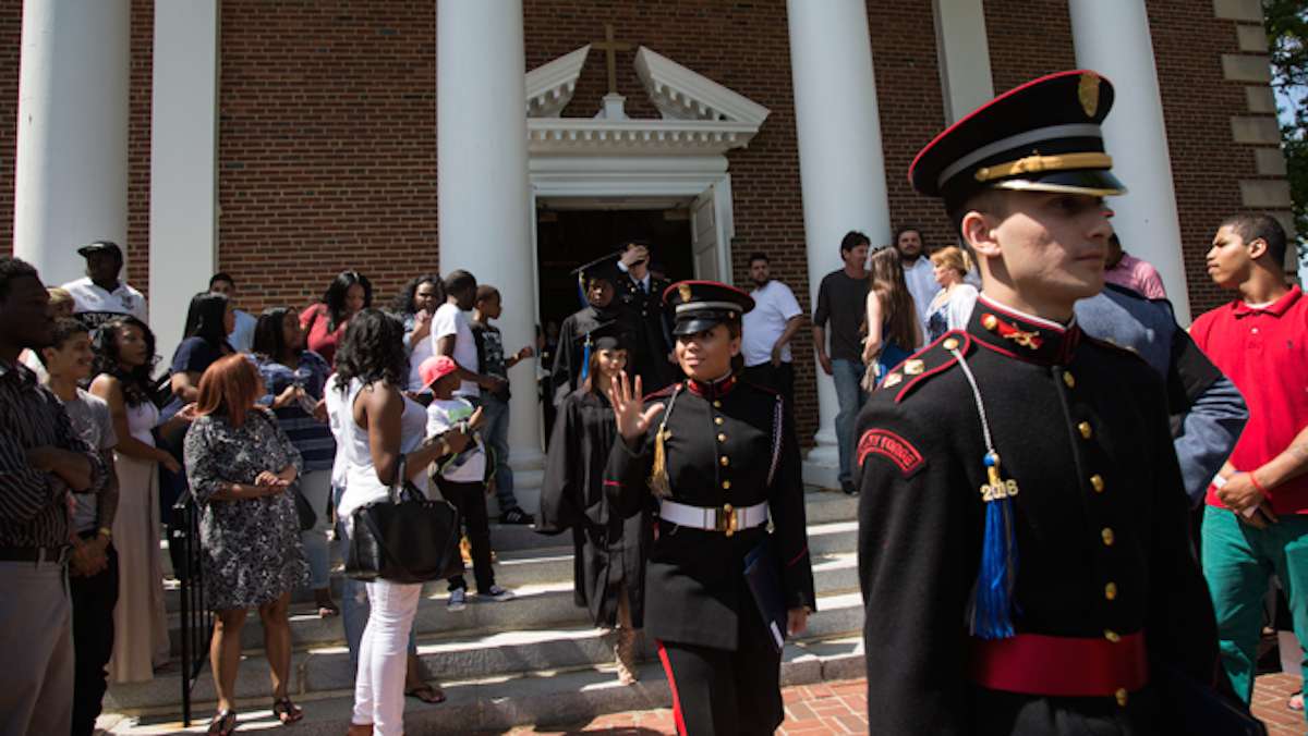 Cadets and non-military graduates of Valley Forge Military College walk out of the chapel where their graduation ceremony took place, May 20, 2016.