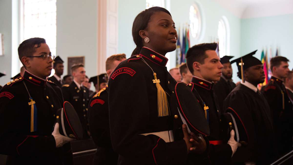 Graduates of the 2016 class at Valley Forge Military College line up in the pews of Alumni Memorial Chapel during their graduation ceremony, May 20, 2016.