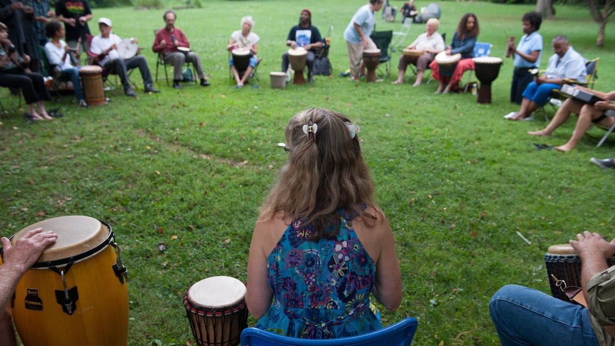 Drummers play together at the Mt. Airy outdoor community drum circle, which meets in Lovett Library garden on the first Sunday of every month from May to October.