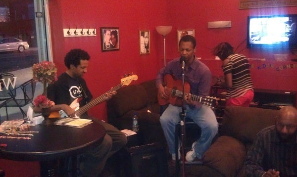 <p><p>Musicians George Tillman, with a bass guitar, and Omar Carter with an acoustic guitar. (Yasmein James/for NewsWorks)</p></p>
