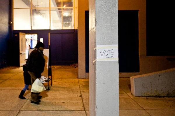 <p><p><span style="font-size: 12pt; line-height: 115%; font-family: 'Helvetica','sans-serif';">Late voters made their way to the polls at Mastery Pickett Charter School in Germantown Tuesday evening in Germantown (Brad Larrison/ for NewsWorks)</span></p></p>
