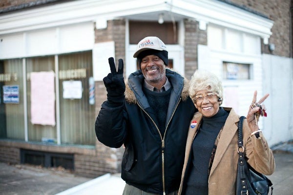 <p><p>Earl Brooks, a poll watcher and committeman, and Juanita Dennard of West Oak Lane outside of Wright's Barbershop Tuesday. (Brad Larrison/ for NewsWorks)</p></p>
