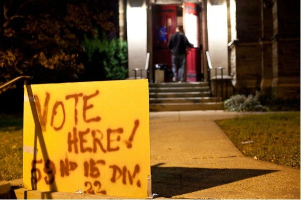 <p><p>A sign advertising the First United Methodist Church in Germantown as a polling place. (Brad Larrison/ for NewsWorks)</p></p>
