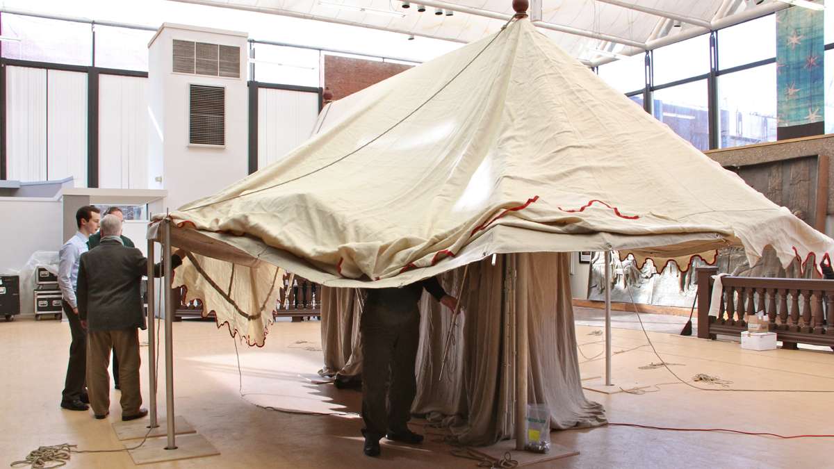 George Washington's command tent takes shape on the floor of the Museum of the American Revolution at 3rd and Chestnut streets. (Emma Lee/for NewsWorks)