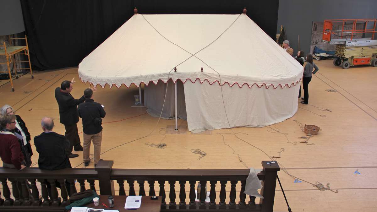 George Washington's command tent takes shape on the floor of the Museum of the American Revolution at 3rd and Chestnut streets. (Emma Lee/for NewsWorks)
