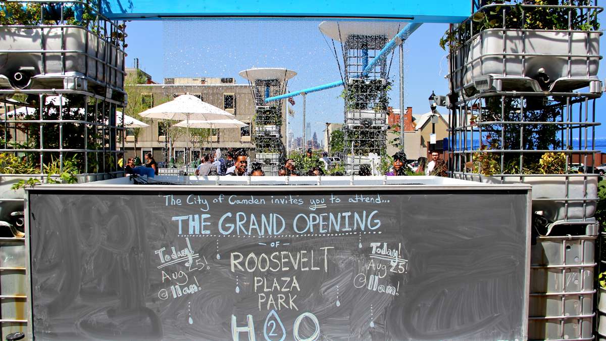 Camden's new Roosevelt Plaza Park H2O aims to educate visitors and provide a shady oasis in the city. (Emma Lee/WHYY)