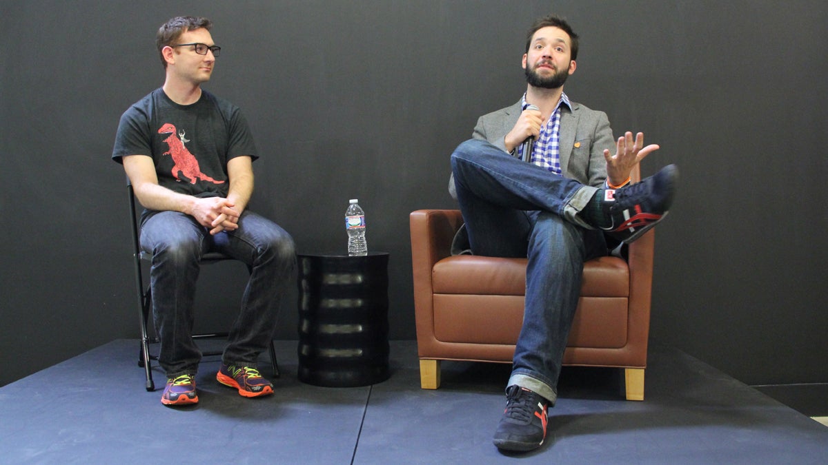  DuckDuckGo founder Gabe Weinberg (left) joins reddit cofounder Alexis Ohanian for a public talk at First Round Capital in University City. (Emma Lee/for NewsWorks) 
