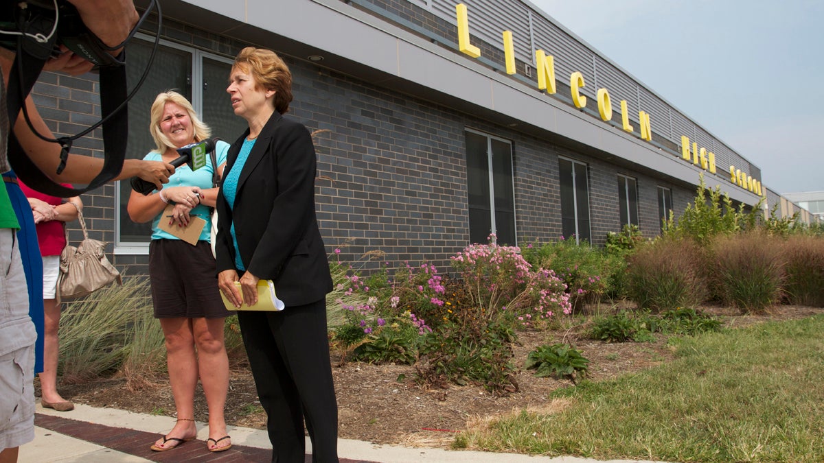  Outside Abraham Lincoln High School, Randi Weingarten, president of the American Federation of Teachers, said the decision to deny her entry came from officials at the Philadelphia School District, not Lincoln's principal. The district said it was the principal's decision. (Charlie Kaier/WHYY) 