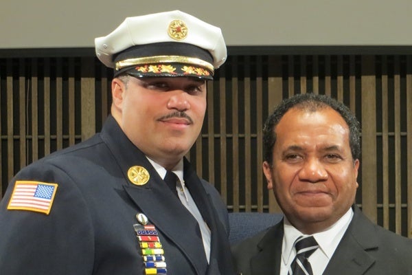 <p><p>Chief of Fire Anthony Goode and Mayor Dennis P. Williams (Shirley Min/WHYY)</p></p>
