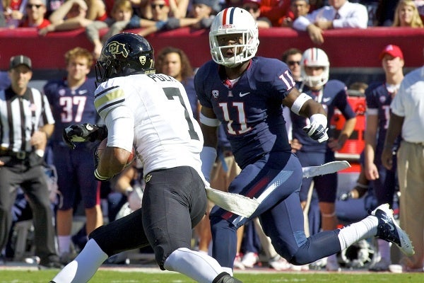 <p><p>Parks (No. 11 in blue) played approximately 200 snaps this season on defense on special teams as a true freshman, including this oen against the University of Colorado. (Courtesy of Arizona Athletics)</p></p>
