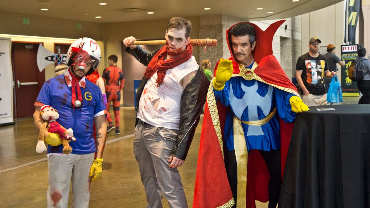 (From left) Derek Rodriguez as Zombie Speed Racer, Ryan Smith as Zombie Negan, and Mike McManis as Dr. Strange.