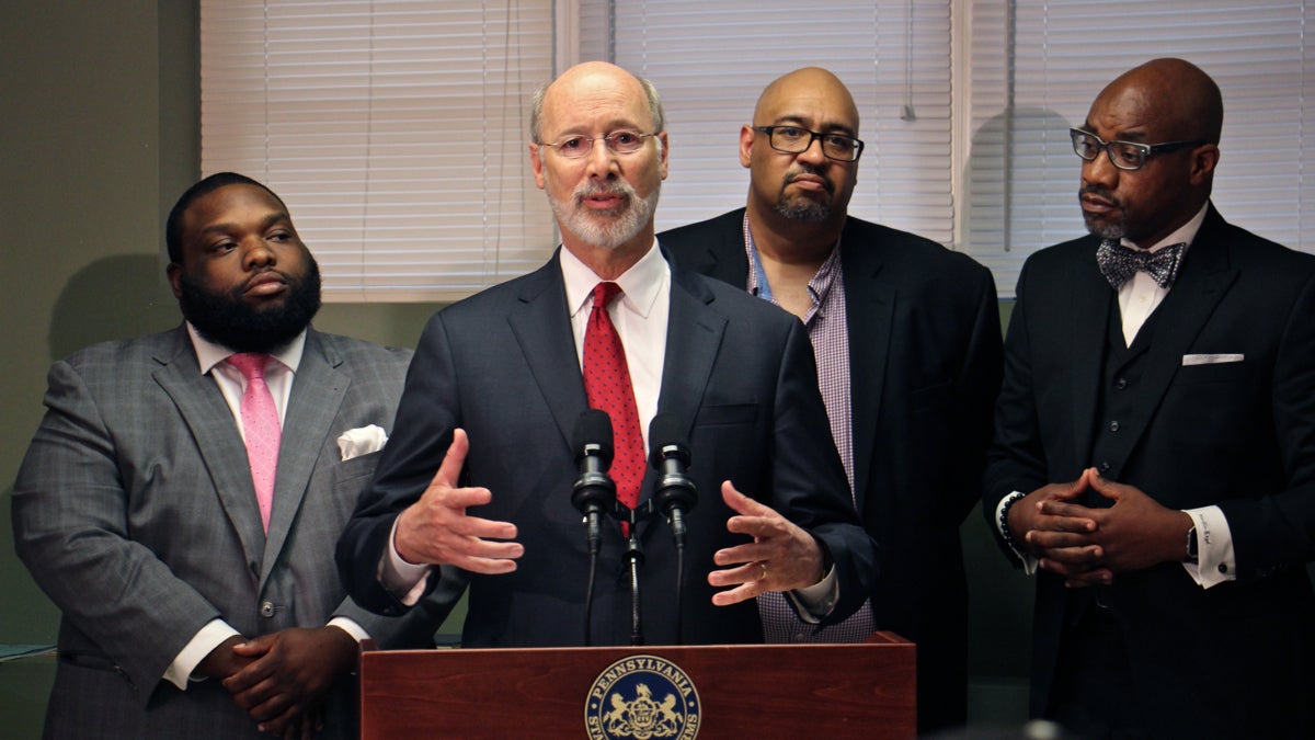  Gov. Tom Wolf announces that Pennsylvania will will stop asking about prior criminal history on state employment applications during a press conference at Surge Recovery in Philadelphia's Point Breeze neighborhood. (Emma Lee/WHYY) 