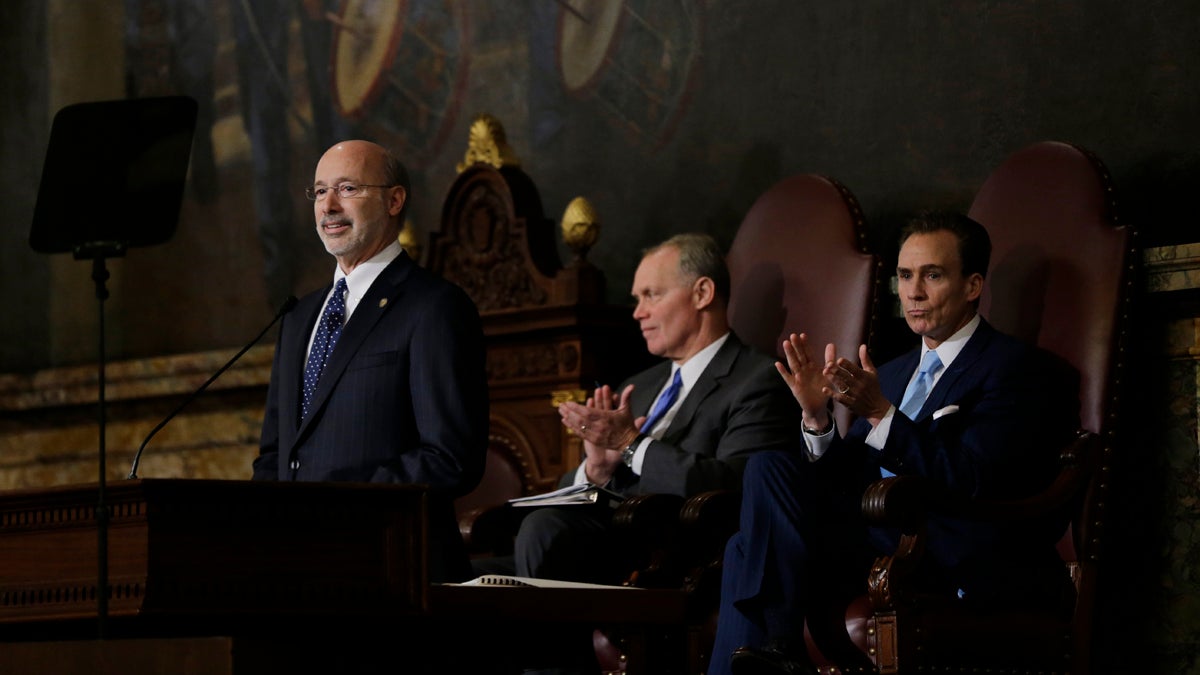  Gov. Tom Wolf, left, delivers his budget address for the 2015-16 fiscal year to a joint session of the Pennsylvania House and Senate on Tuesday, March 3, 2015, in Harrisburg, Pa. Speaker of the House of Representatives, Rep. Mike Turzai, R-Allegheny, is at center, and Lt. Gov. Michael Stack, is at right. (AP Photo/Matt Rourke) 