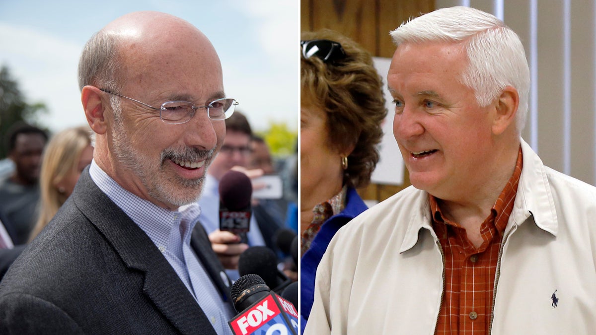  Democratic Challenger Tom Wolf will face Gov. Tom Corbett in November. The race is already heating up. (AP Photos by  Matt Rourke (left panel) and Keith Srakocic) 