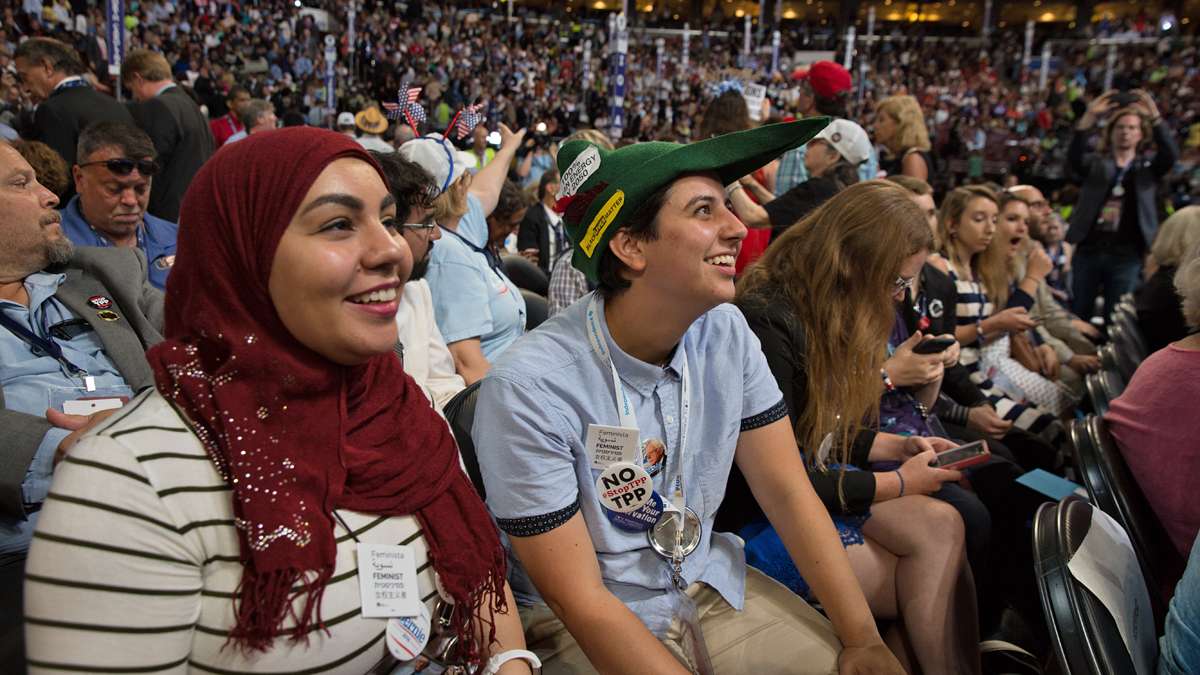 ''We’re young delegates. We haven’t been waiting our whole lives for this, but it is still an amazing opportunity,'' said Jordan Tannenbaum (center) with Yasmeen Kaboud (left), delegates and Senator Bernie Sanders supporters from Philadelphia, Pa.