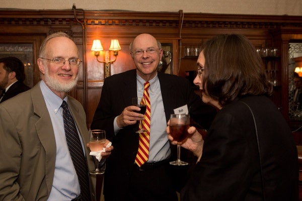 <p><p>Tom Elkinton (left), Rob Harting, co-chair of the Wyck Board of Directors, and Emilie Harting. (Photo courtesy of Dave Tavanni)</p></p>
