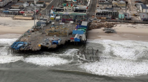 <p>The view of storm damage over the Atlantic Coast in Seaside Heights, N.J.,  Wednesday, Oct. 31, 2012, from a helicopter traveling behind the helicopter carrying President Obama and New Jersey Gov. Chris Christie, as they viewed storm damage from superstorm Sandy.   (AP Photo/Doug Mills, Pool)</p>
