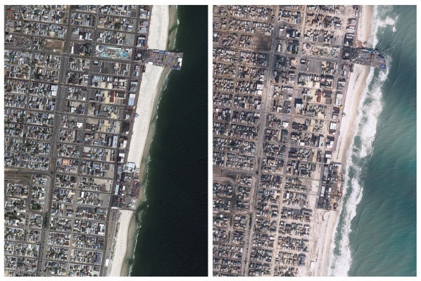 <p><p>Seaside Heights, N.J. before, left, and after Superstorm Sandy passed through the area on Monday, Oct. 29, 2012. (AP Photo/GeoEye)</p></p>
