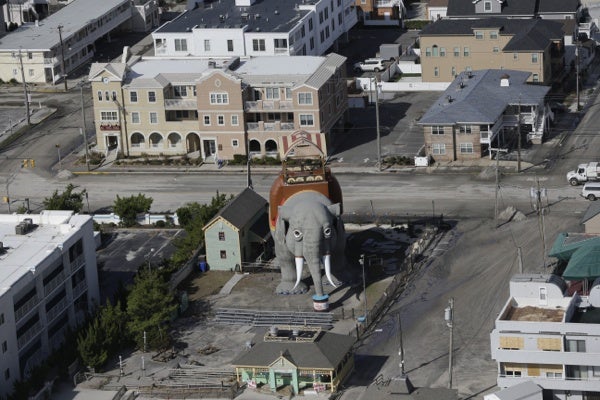 <p><p>Lucy the Elephant in Margate, N.J. got her feet wet but she sustained no structural damage. (AP Photo/Mike Groll)</p></p>
