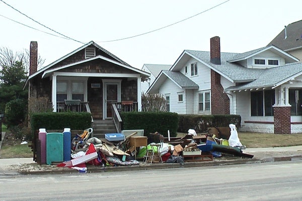 <p><p>This was a common sight for the homes east of Main St. in Belmar, N.J. (Alan Tu/WHYY)</p></p>
