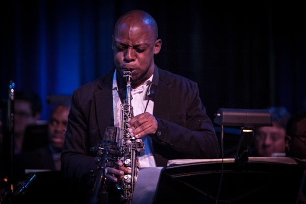 <p>Marcus Strickland playing a solo with the CBBB. (Howard Pitkow/for Newsworks)</p>
