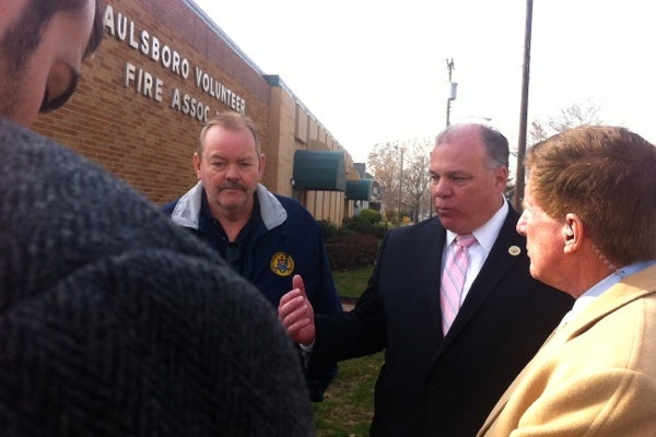 <p><p><span style="font-family: monospace; font-size: 14px;">Gloucester County Freeholder Bob Damminger and State Sen. Steve Sweeney talk to reporters about the train derailment. (Amy Z. Quinn/for NewsWorks)</span></p></p>
