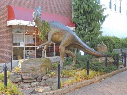 <p><p>A Hadrosaurus statue is prominently displayed on Kings Highway in Haddonfield. The original skeleton is on display at the Academy of Natural Sciences in Philadelphia. (Bethany Mitros/for NewsWorks)</p></p>
