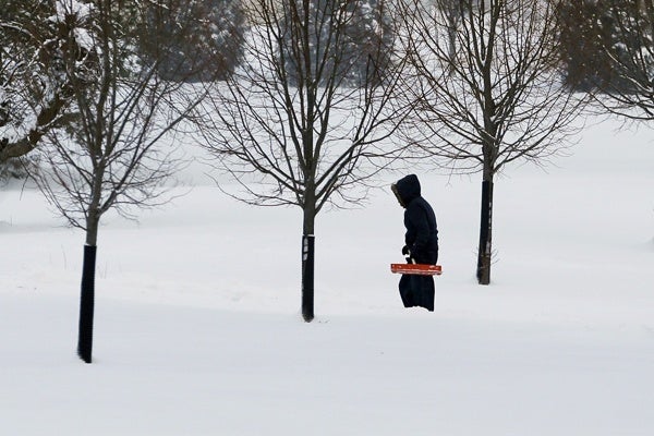 <p><p>A person walks on a lane in the snow Sat, Feb. 9, 2013, near Newtown, Pa. (AP Photo/Mel Evans)</p></p>
