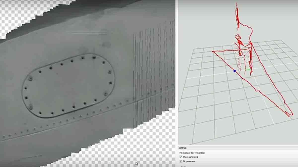 Image of what the drone sees (left) and a red line shows the UAV's flight pattern. (Screen capture from Luftronix video)
