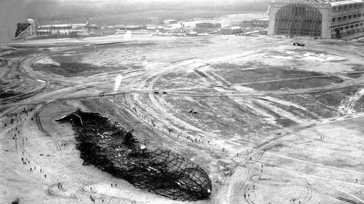 This is an aerial photo of the wreckage of the German Hindenburg airship at Lakehurst, N.J. on May 7, 1937. The airship exploded prior to landing on May 6.