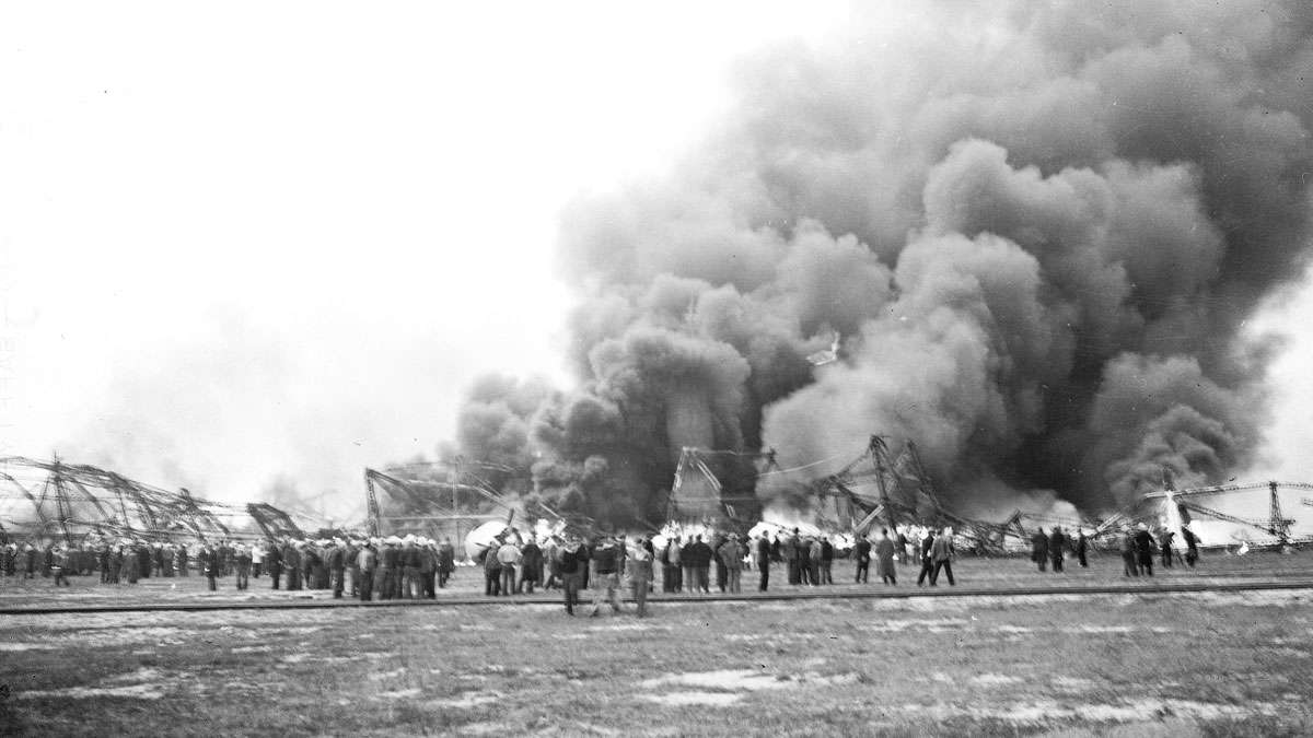 The Hindenburg zeppelin burns after it exploded during the docking procedure at Lakehurst Naval Air Station, N.J., on May 6, 1937.