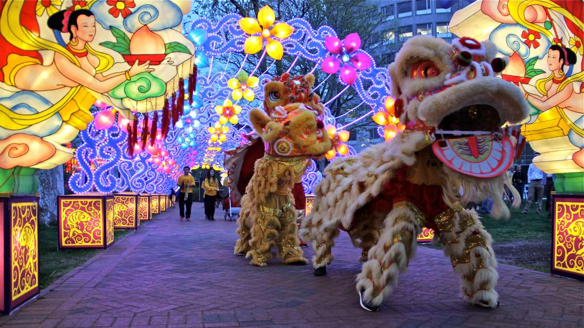 Members of the Philadelphia Suns perform a lion dance at the opening of the Chinese Lantern Festival at Franklin Square. (Emma Lee/WHYY)