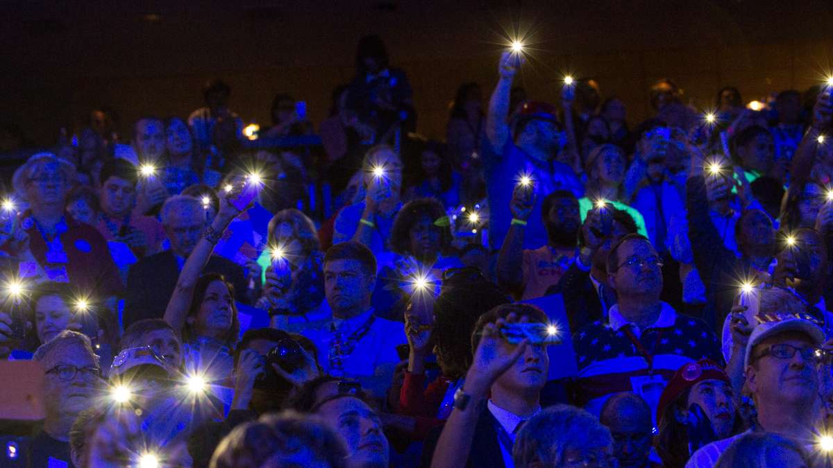 Delegates light up their phones during a Katy Perry performance at the Democratic National Convention. (Kimberly Paynter/WHYY)