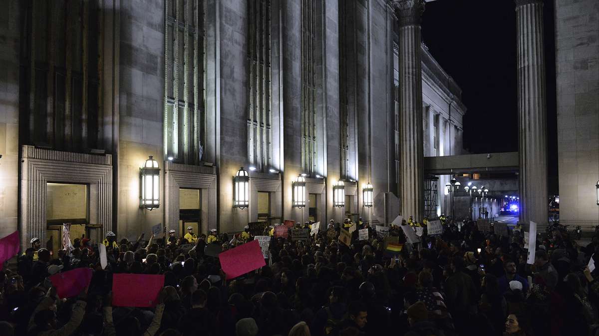 Demonstrators gather at the west entrance of 30th Street Station during an anti-Trump protest on Thursday, Nov. 10, 2016. (Bastiaan Slabbers for NewsWorks)